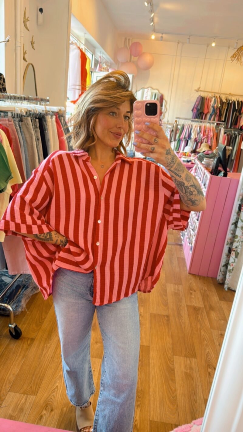 CHEMISE GAZ RAYÉ ROUGE ET ROSE CLAIR  MANCHES COURTES