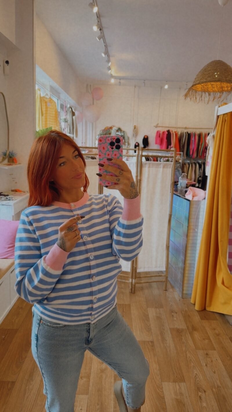 GILET RAYE BLEU CIEL BANDE ROSE