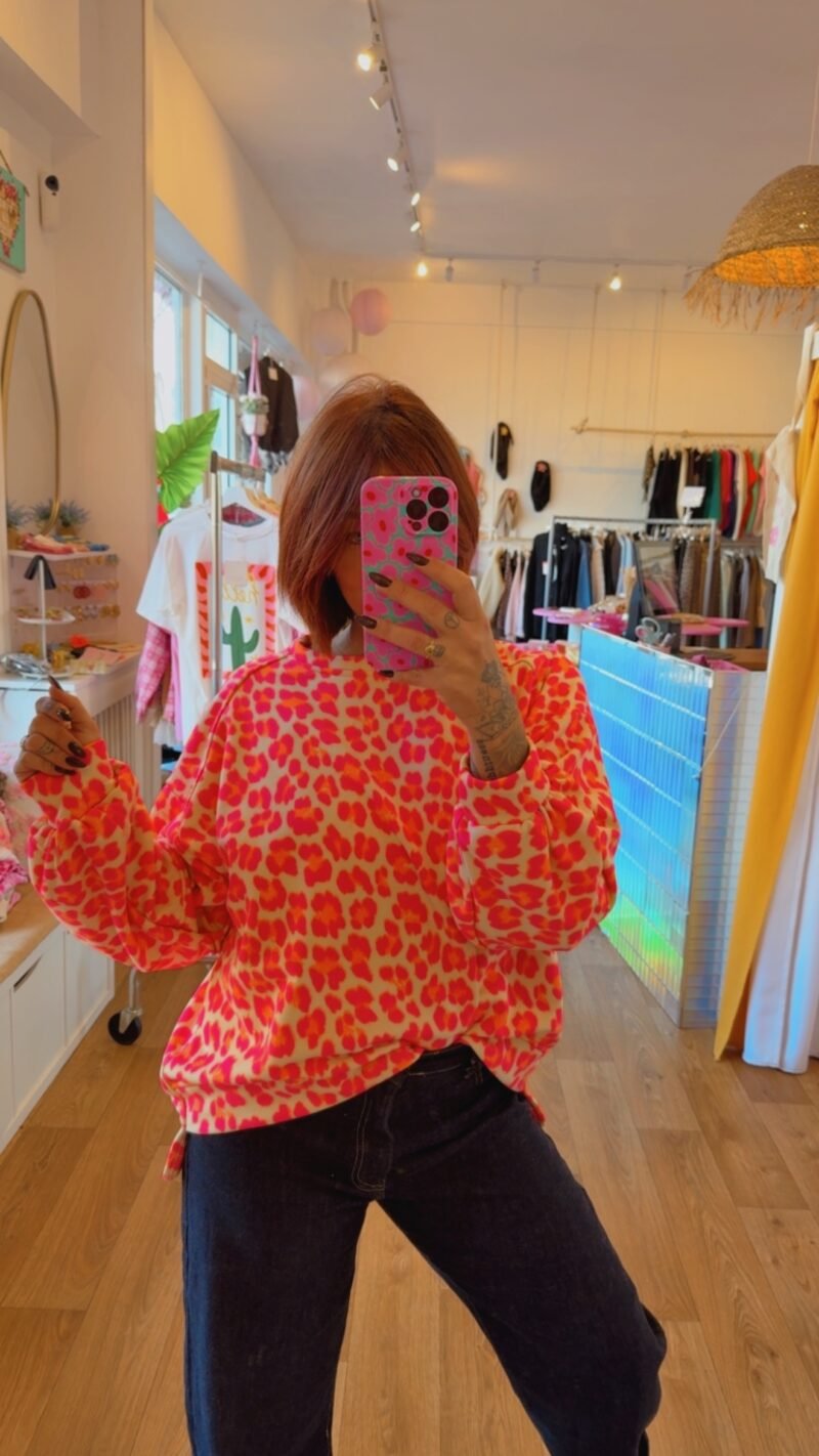 SWEAT LEOPARD ECRU / ROSE / ORANGE
