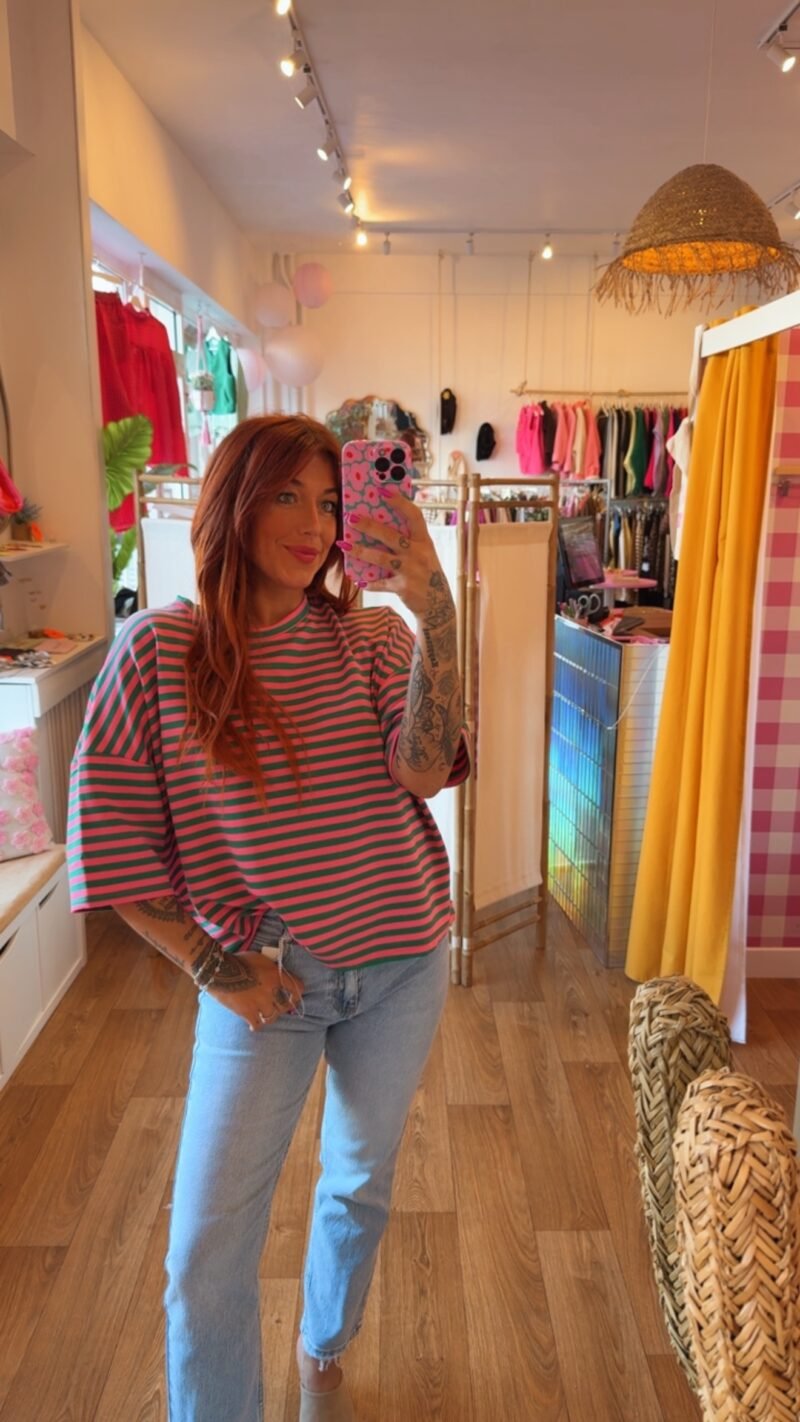 T SHIRT RAYE VERT/ROSE