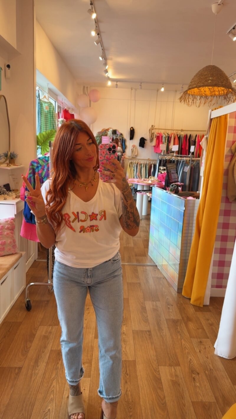 T SHIRT COL V   ROCK BLANC