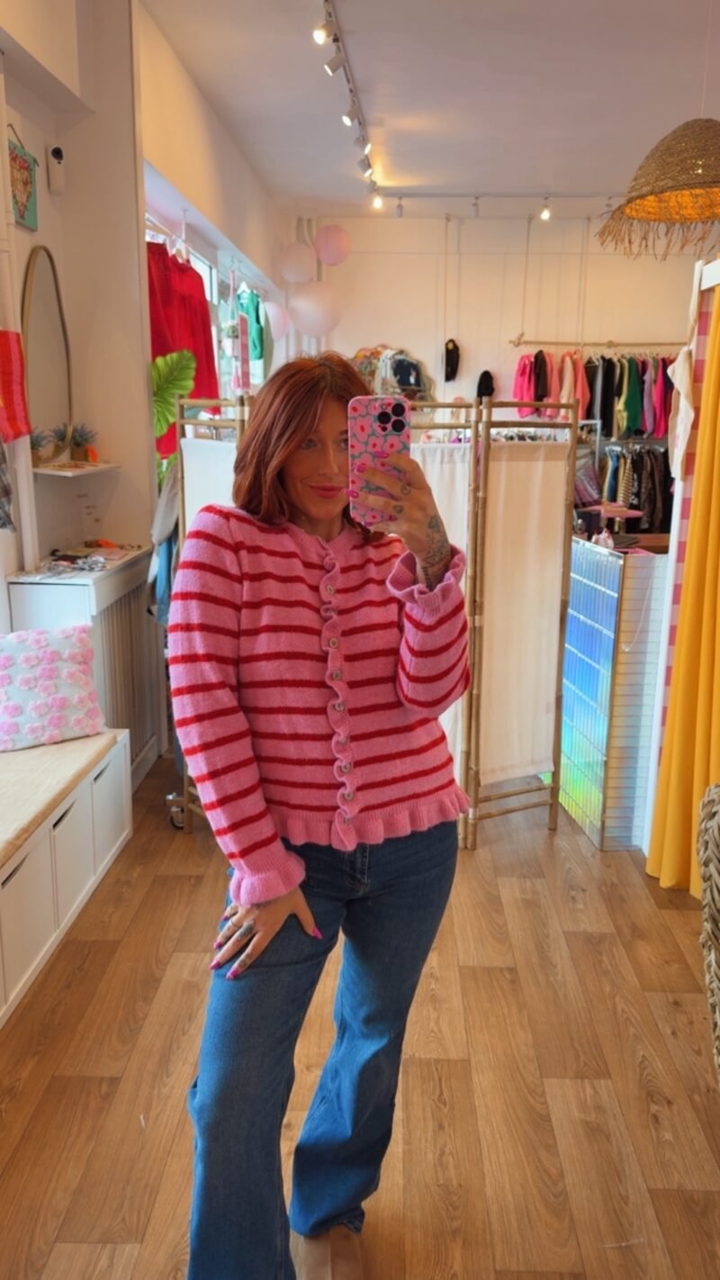 GILET FROUFROU RAYE ROSE/ROUGE