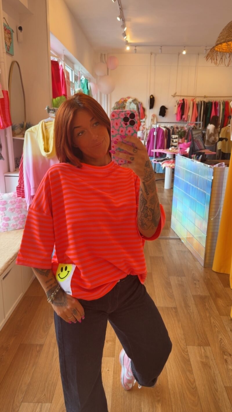 T SHIRT RAYE ROSE/ORANGE  SMILEY
