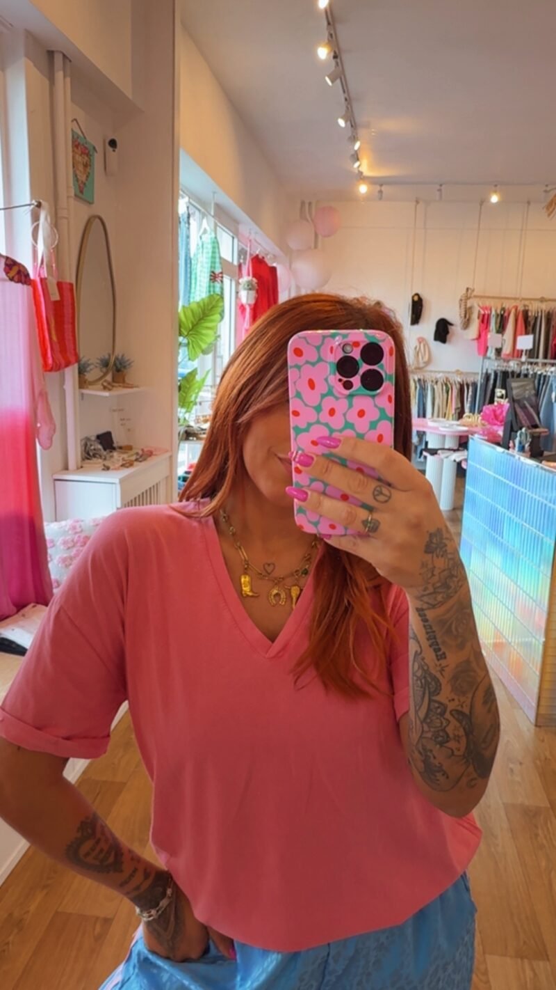 T SHIRT COL V ROSE