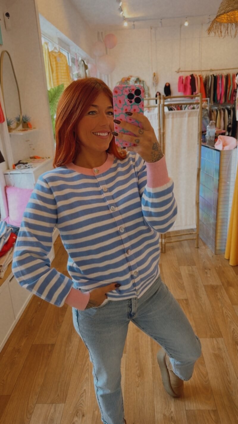 GILET ROSE  BANDE BLEU