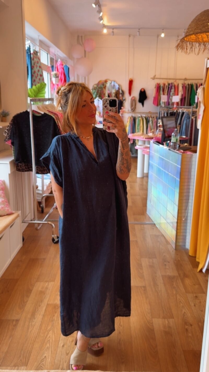 ROBE EN LIN MANCHES COURTES  MARINE