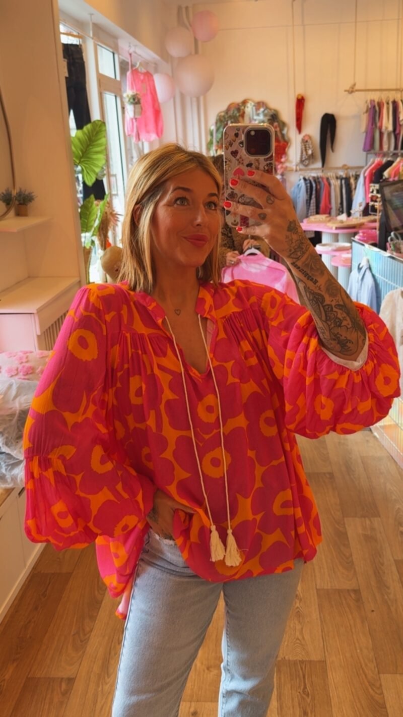 BLOUSE  FLEUR ORANGE / FUSHIA