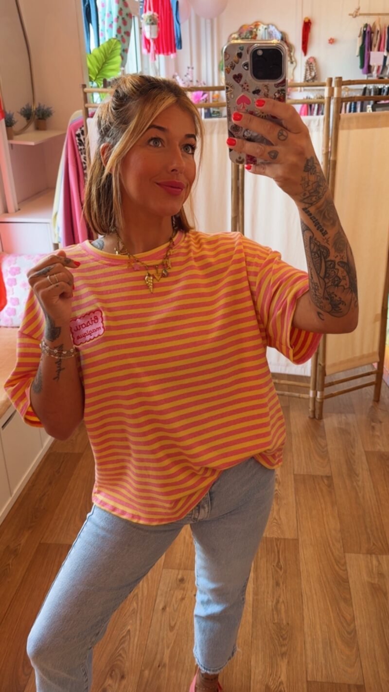 T SHIRT RAYE BISOUS  JAUNE FUSHIA