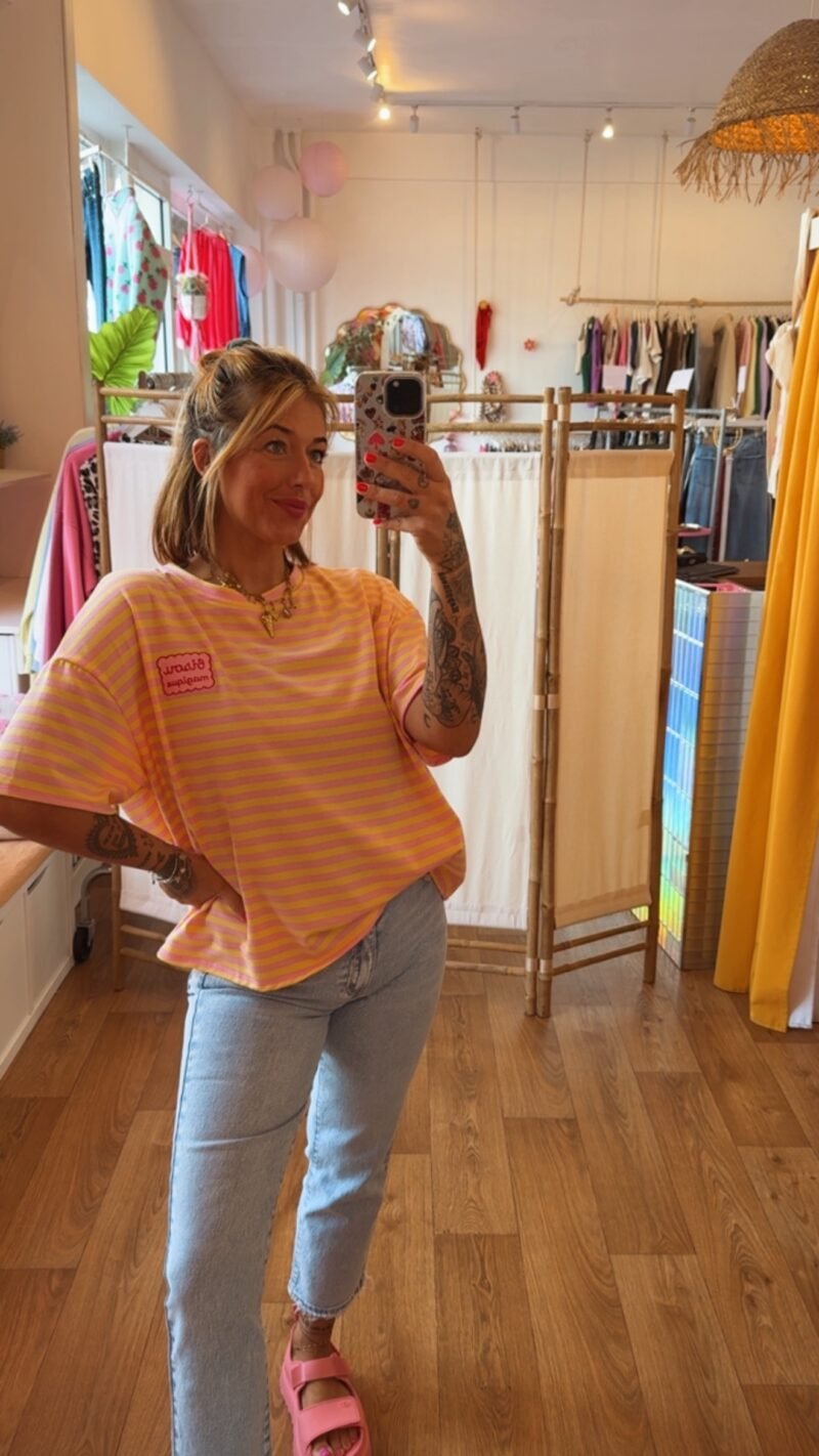 T SHIRT RAYE BISOUS  ROSE JAUNE