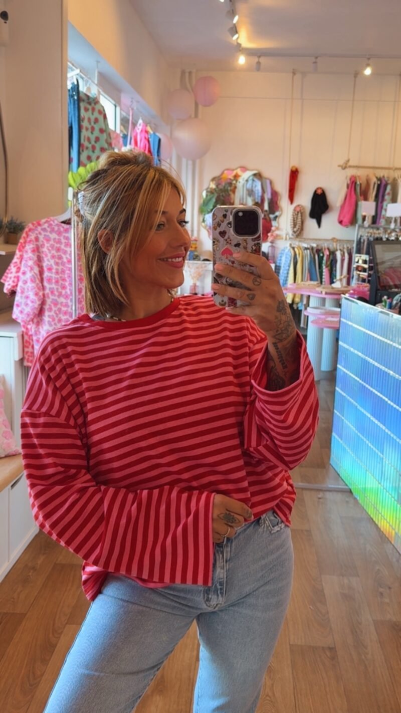 T SHIRT RAYE MIMI ROUGE / FUSHIA MANCHE LONGUES