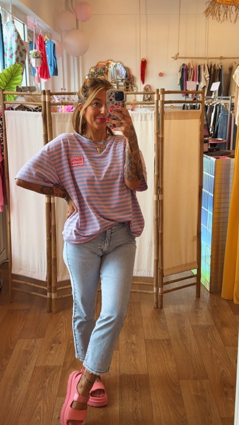 T SHIRT RAYE BISOUS  BLEU ROSE