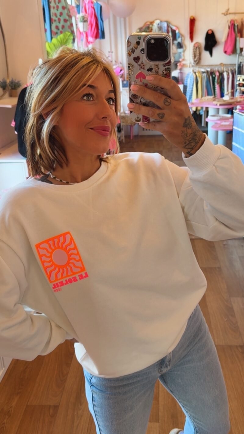 SWEAT BLANC  LE SOLEIL ORANGE FLUO