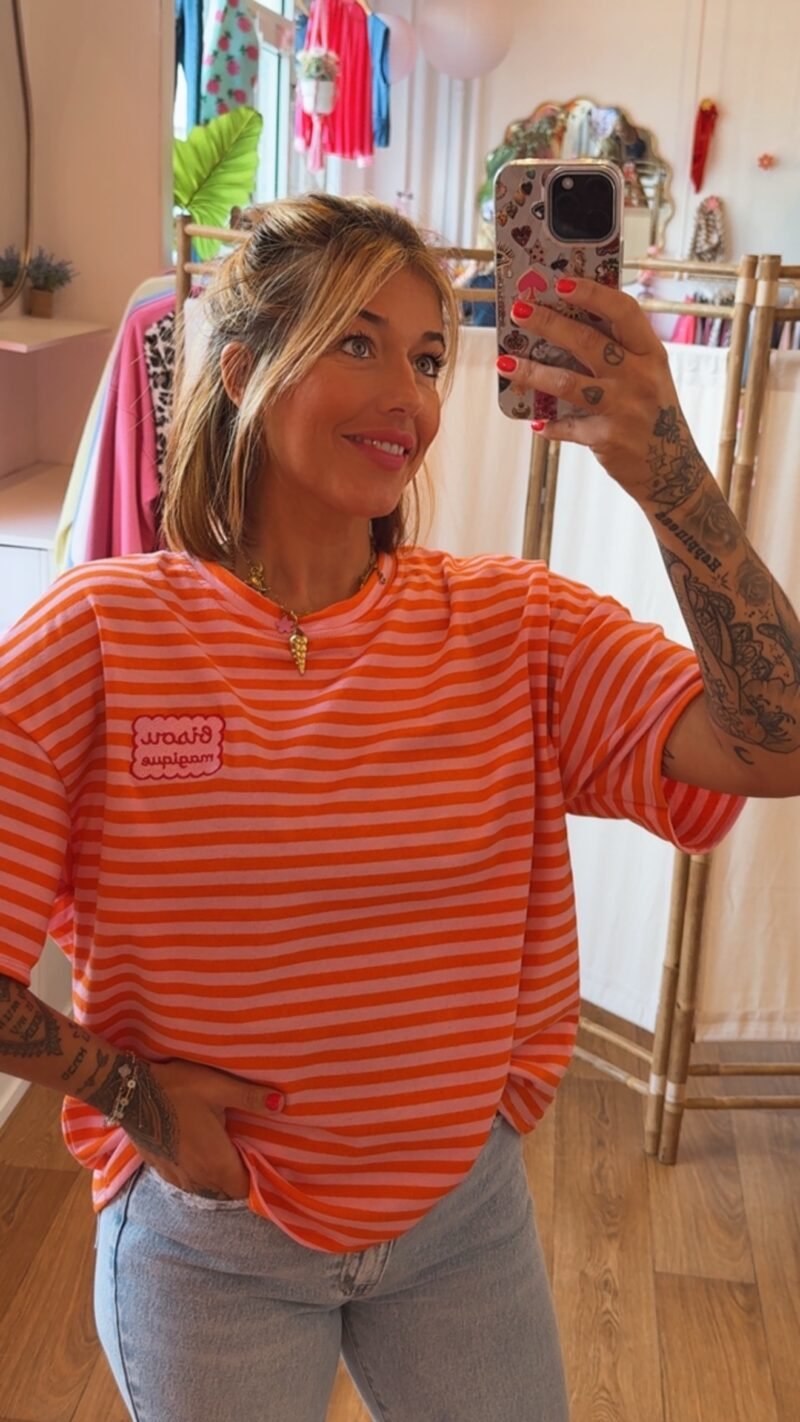 T SHIRT RAYE BISOUS  ROSE ORANGE