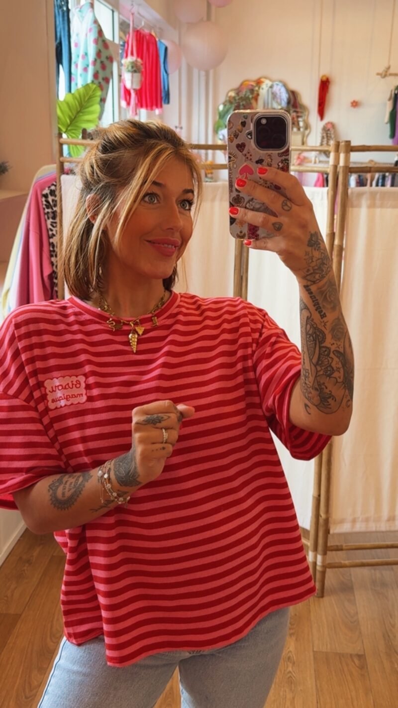 T SHIRT RAYE BISOUS  ROUGE