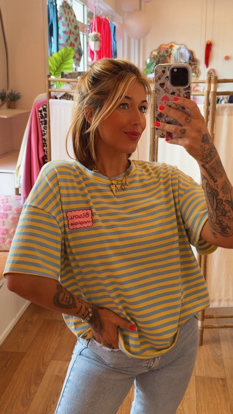 T SHIRT RAYE BISOUS  BLEU JAUNE