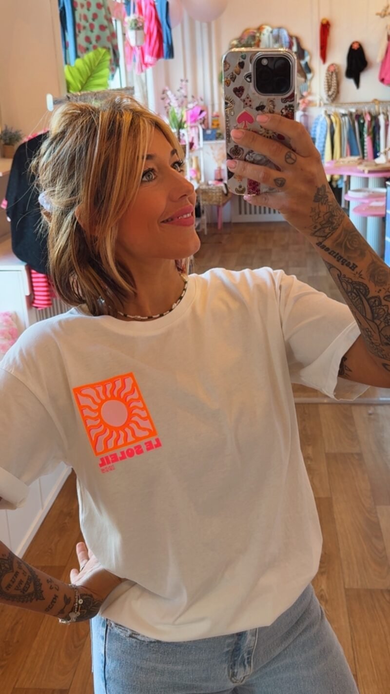 T SHIRT BLANC  LE SOLEIL ORANGE FLUO