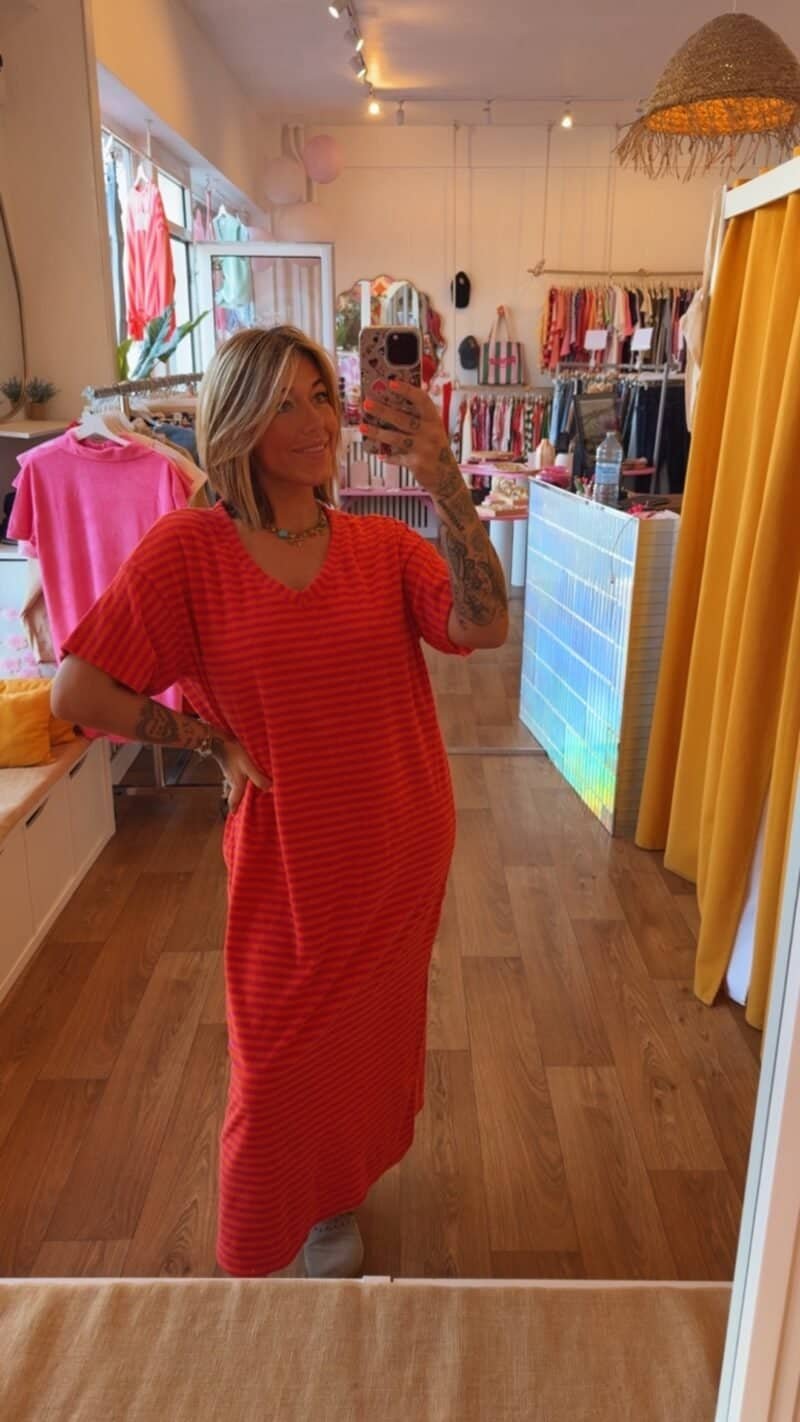 ROBE PONGE RAYÉ FUSHIA/ORANGE