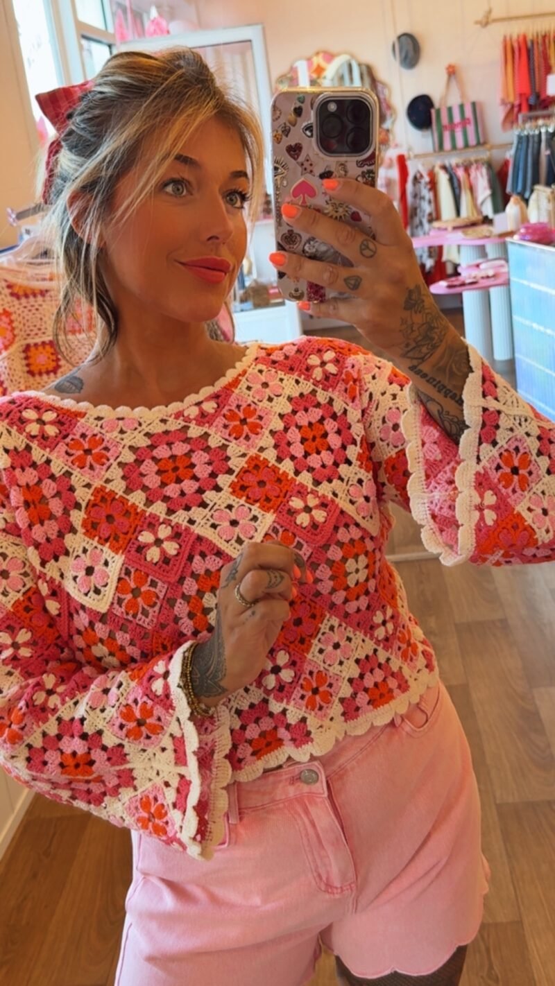 TOP CROCHET FLEUR ROSE ROSE  S/M