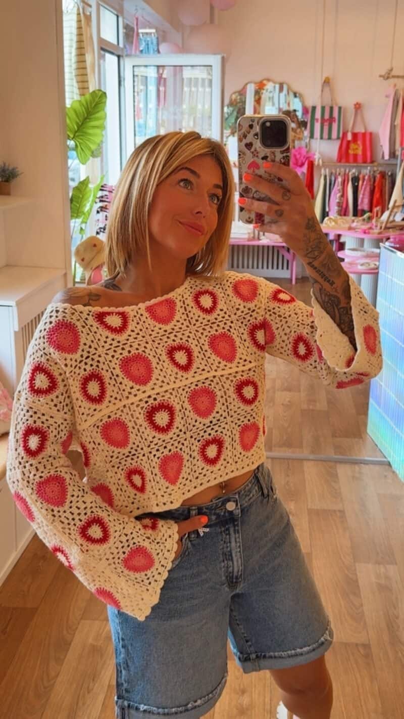 TOP EN CROCHET COEUR ROSE  S/M