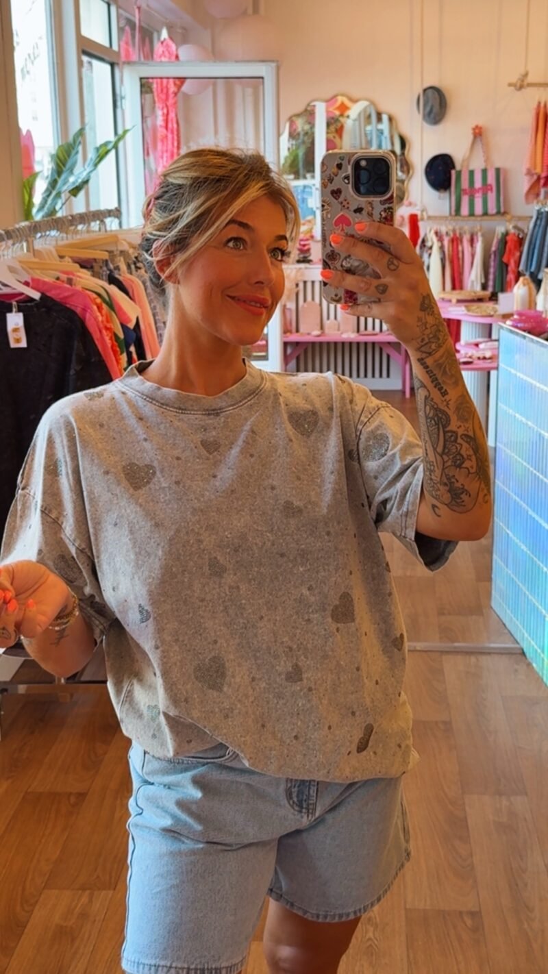 T SHIRT OVERSIZE STRASS COEUR GRIS