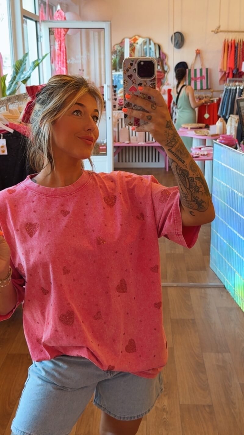 T SHIRT OVERSIZE STRASS COEUR ROSE