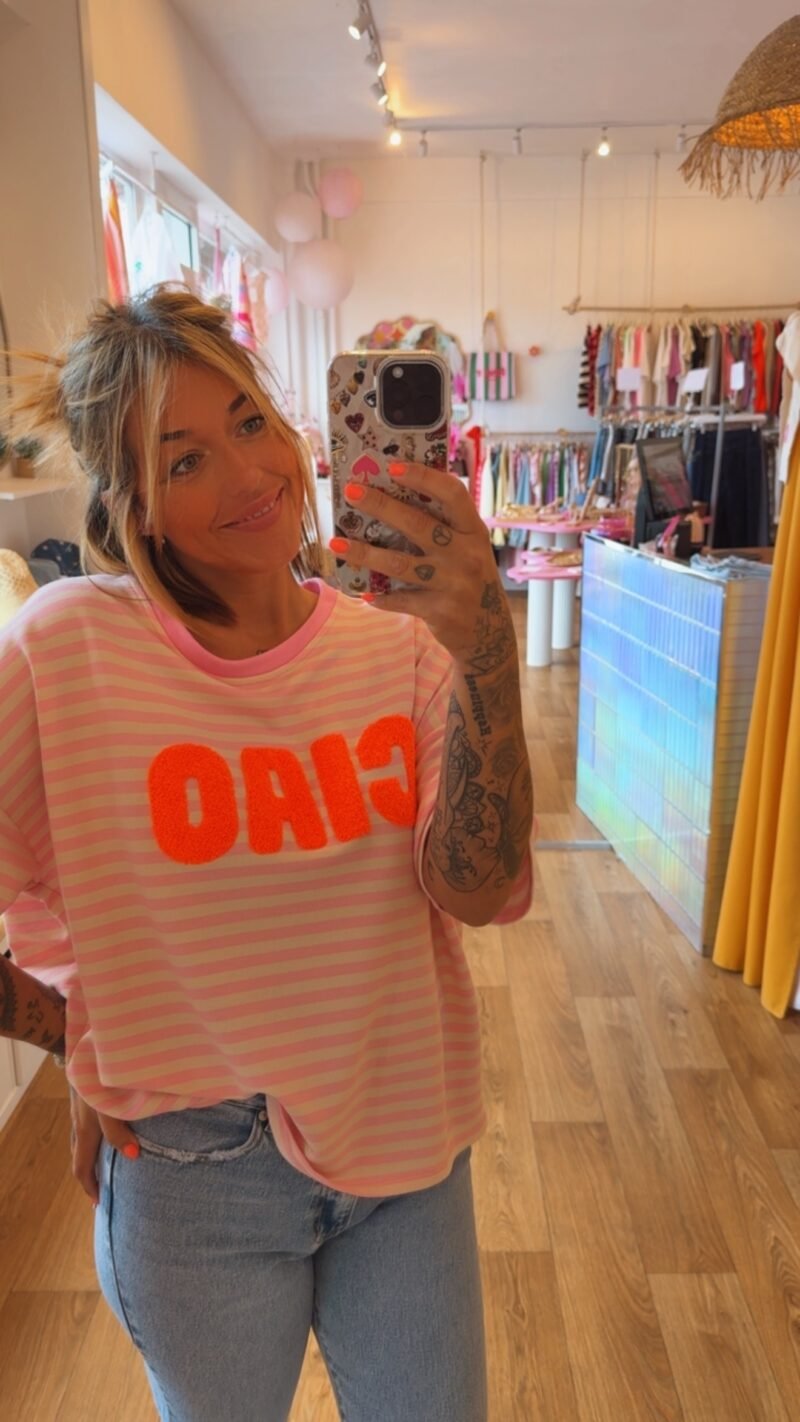 T SHIRT RAYE ROSE/BLANC "CIAO'