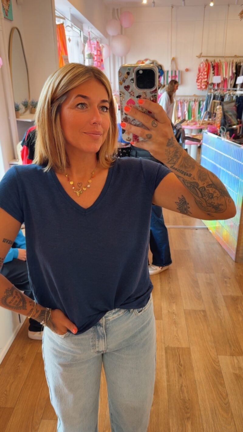 T SHIRT COL V EN LIN MARINE