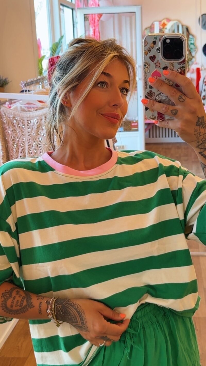 T SHIRT LARGE STRIPE VERT / ROSE
