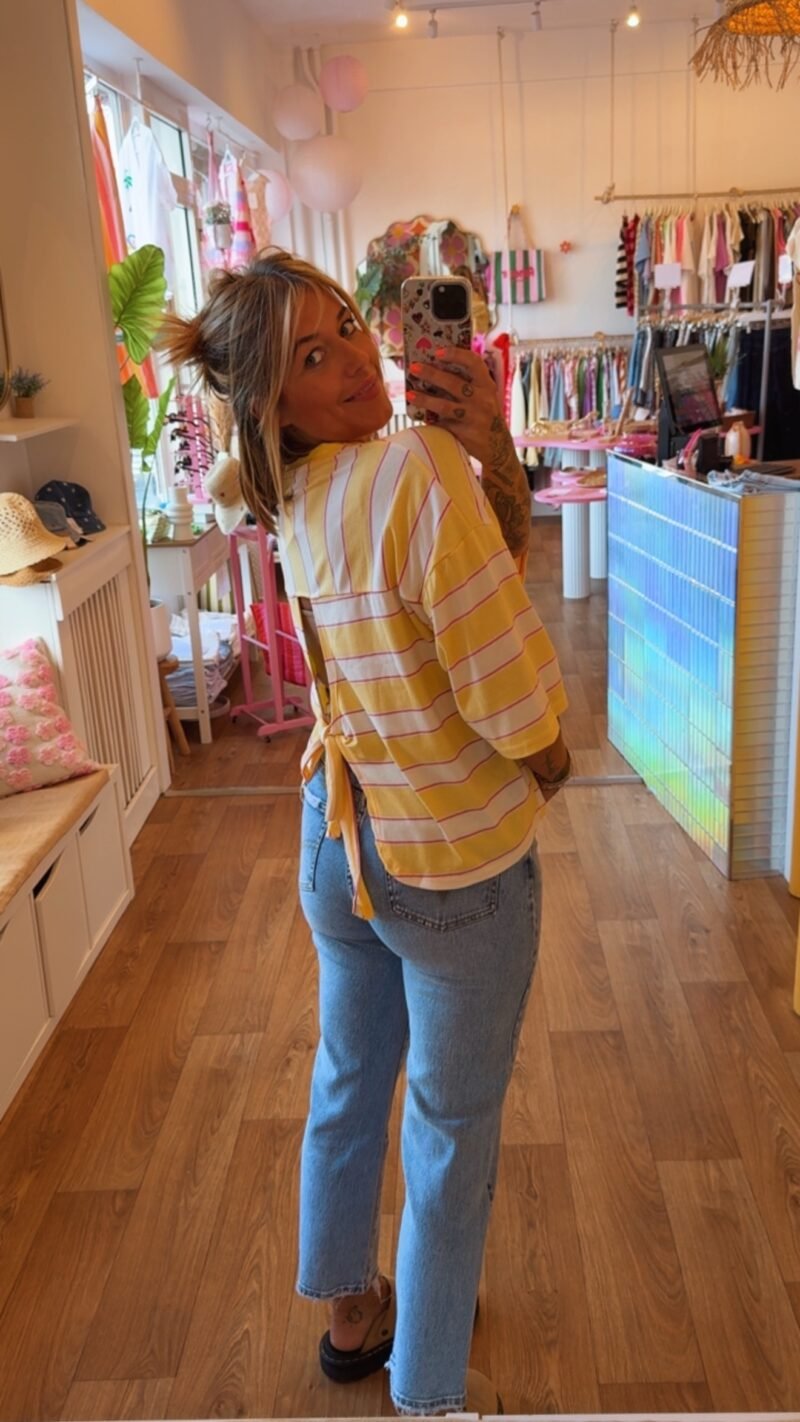 T SHIRT RAYE JAUNE NOEUD AU DOS