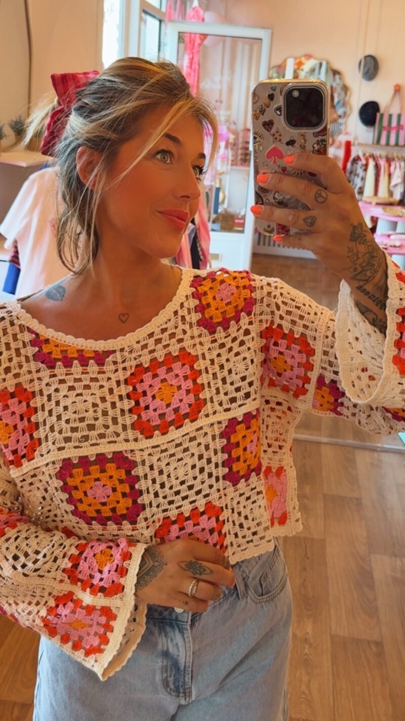 TOP CROCHET ECRU FLEUR ORANGÉ  M/L
