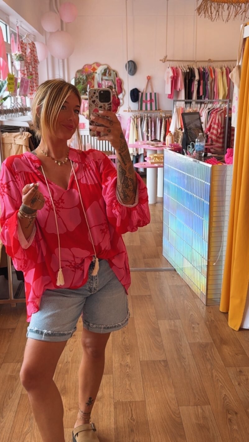 BLOUSE  FLEUR  ROUGE/ FUSHIA