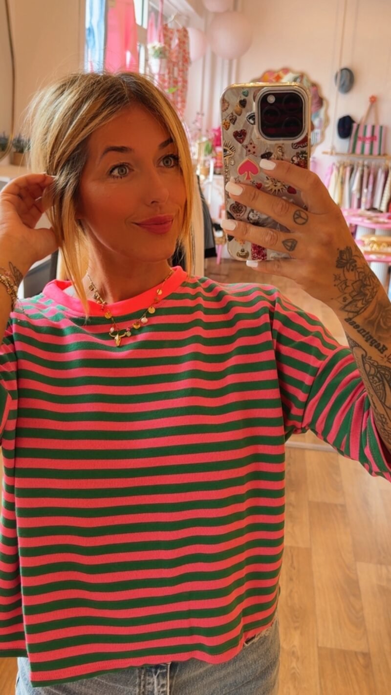T SHIRT MIMI VERT COL ROSE FLUO