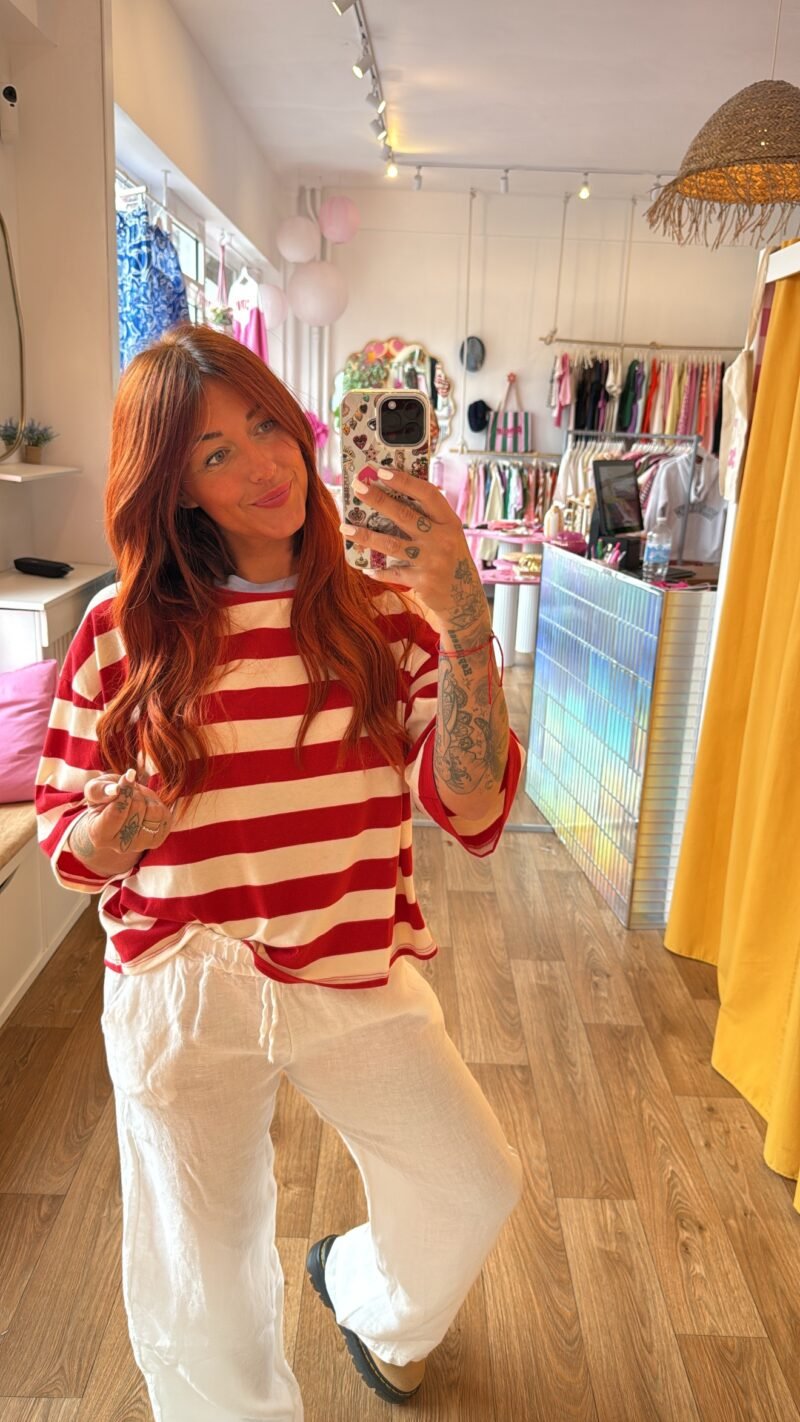 T SHIRT RAYE ROUGE COL CLEU CIEL