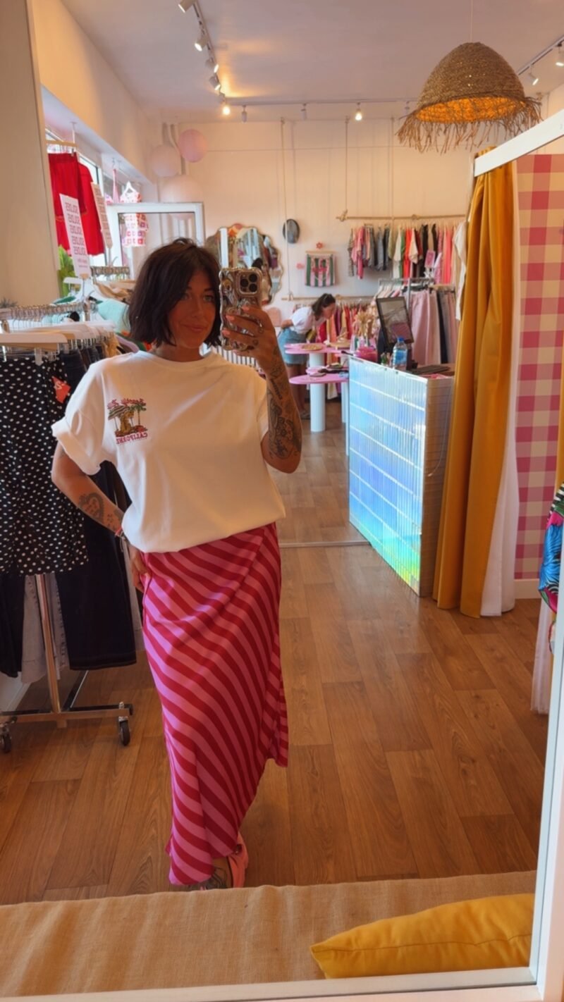 JUPE SATIN RAYE ROUGE/ROSE T  . M