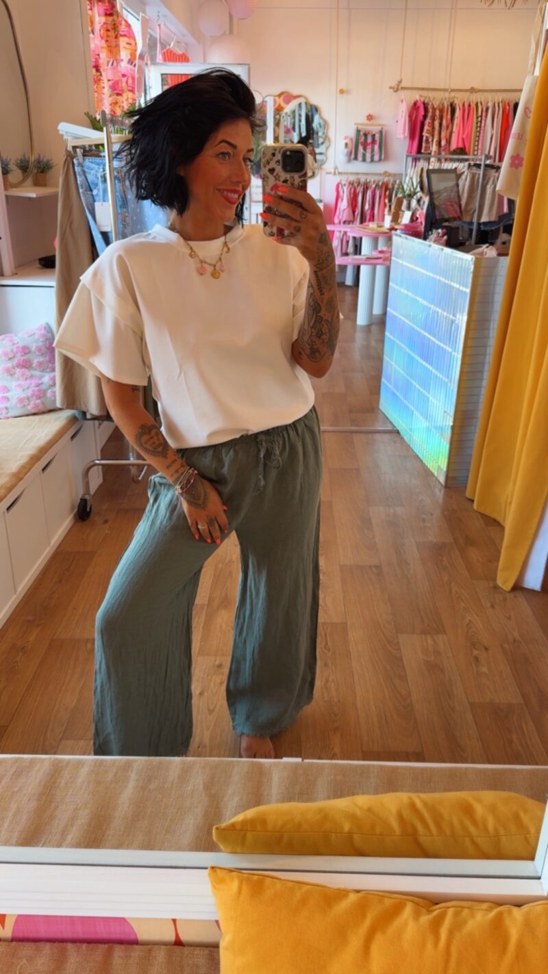 PANTALON EN LIN  FRANGÉ  KAKI