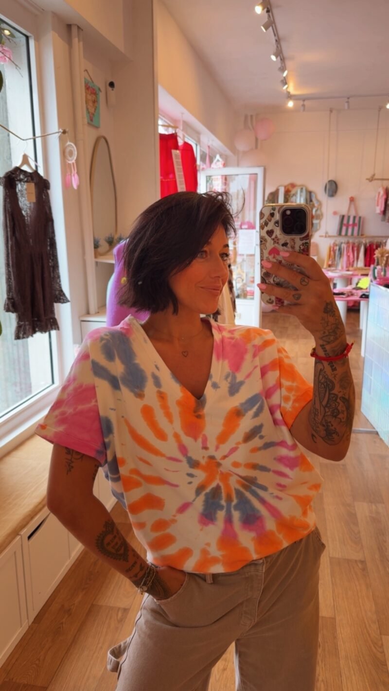 T SHIRT COL V TIE AND DYE ORANGE