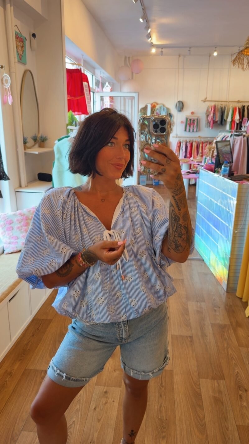 BLOUSE MANCHE BALLON RAYE BLEU