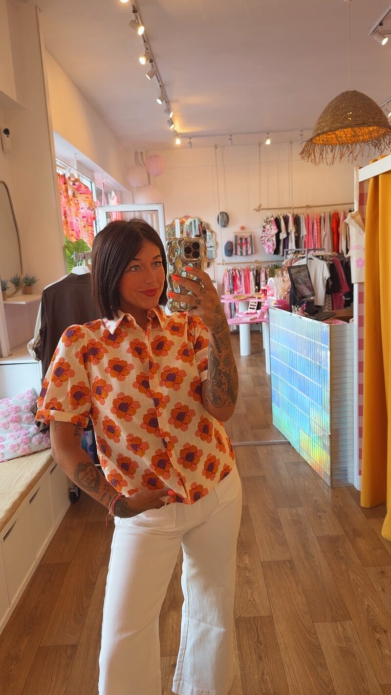 TOP VINTAGE GROSSE FLEURS ORANGE   T . M