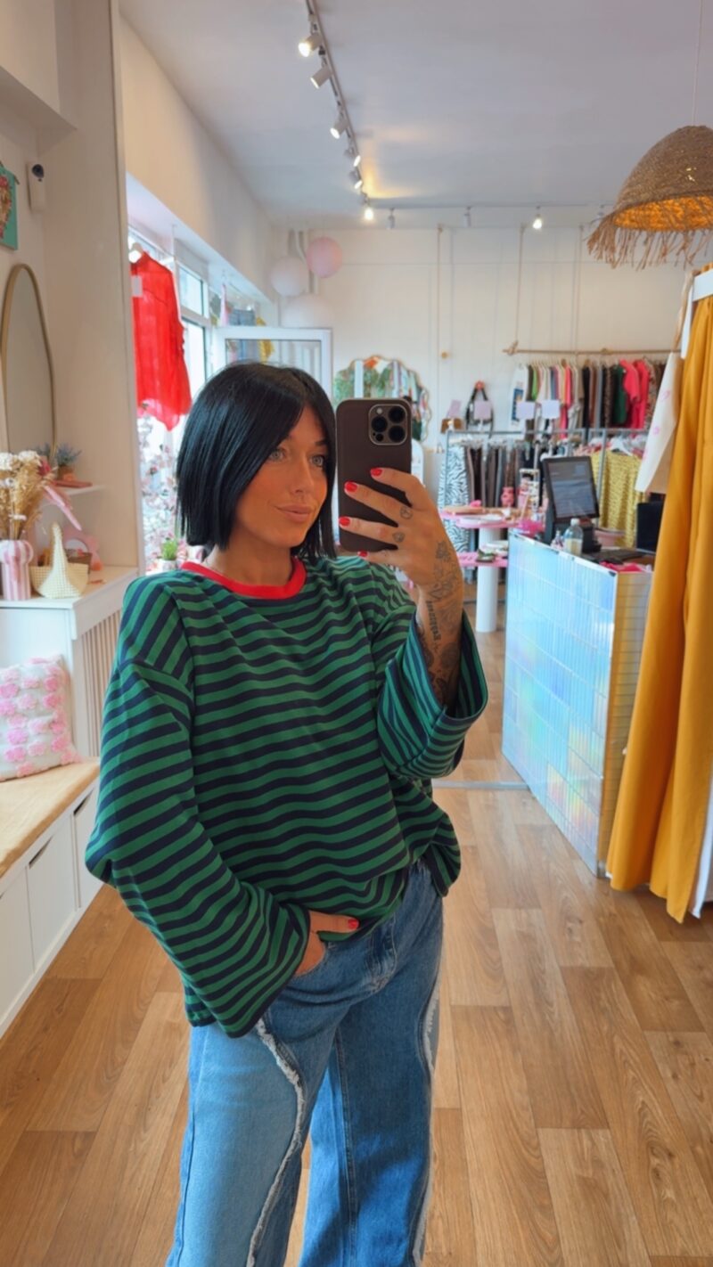 SWEATSHIRT RAYE BRIGITTE VERT COL ROUGE