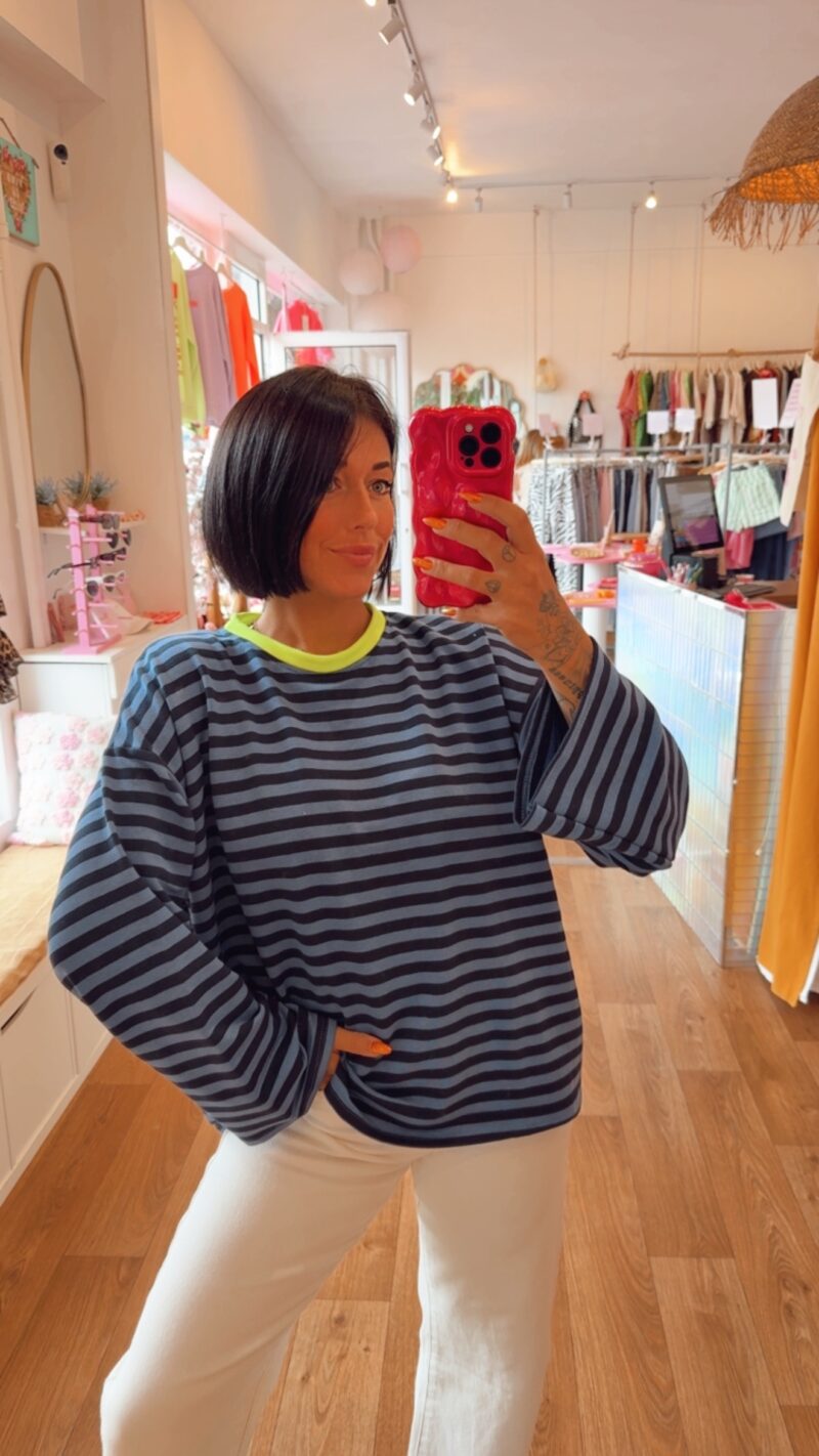 SWEATSHIRT RAYE BRIGITTE BLEU COL JAUNE