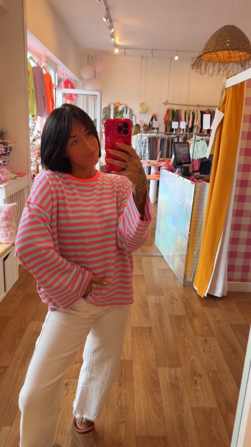 SWEATSHIRT RAYE BRIGITTE BLEU COL ROSE