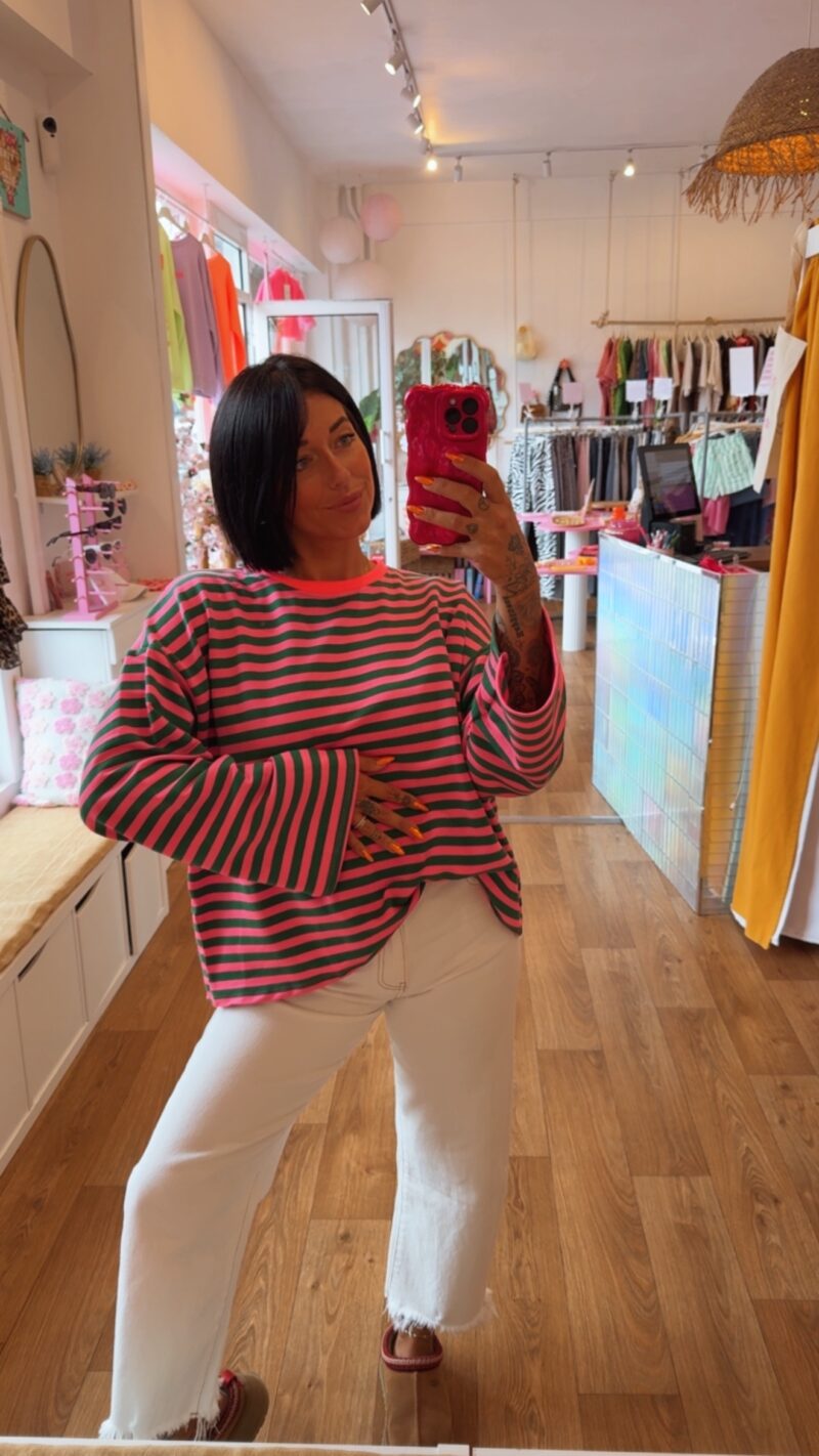 SWEATSHIRT RAYE BRIGITTE VERT COL ROSE