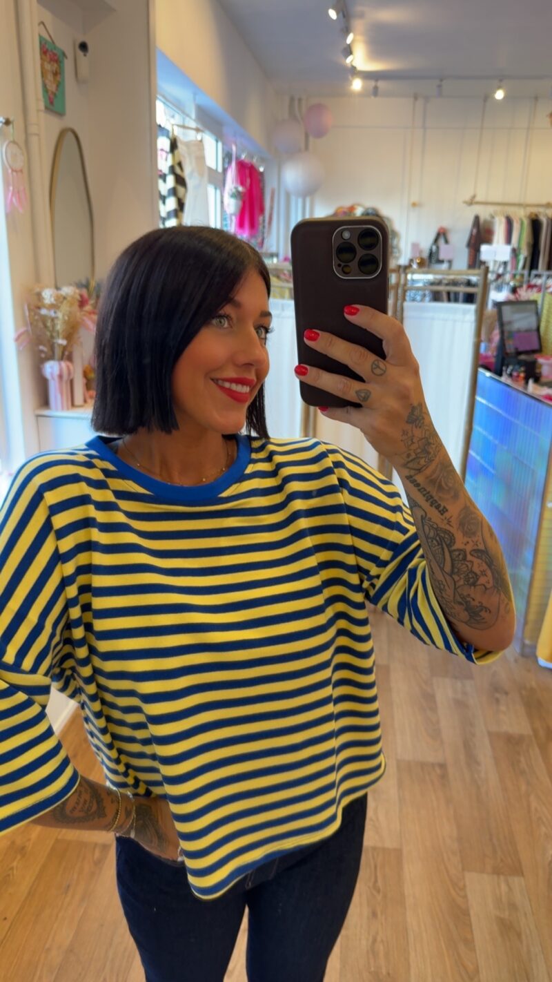 T SHIRT RAYE MIMI JAUNE COL BLEU